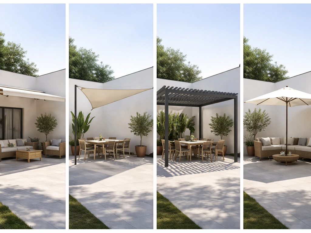 Side-by-side patio shading options: awning, shade sail, pergola, and umbrella in natural daylight.