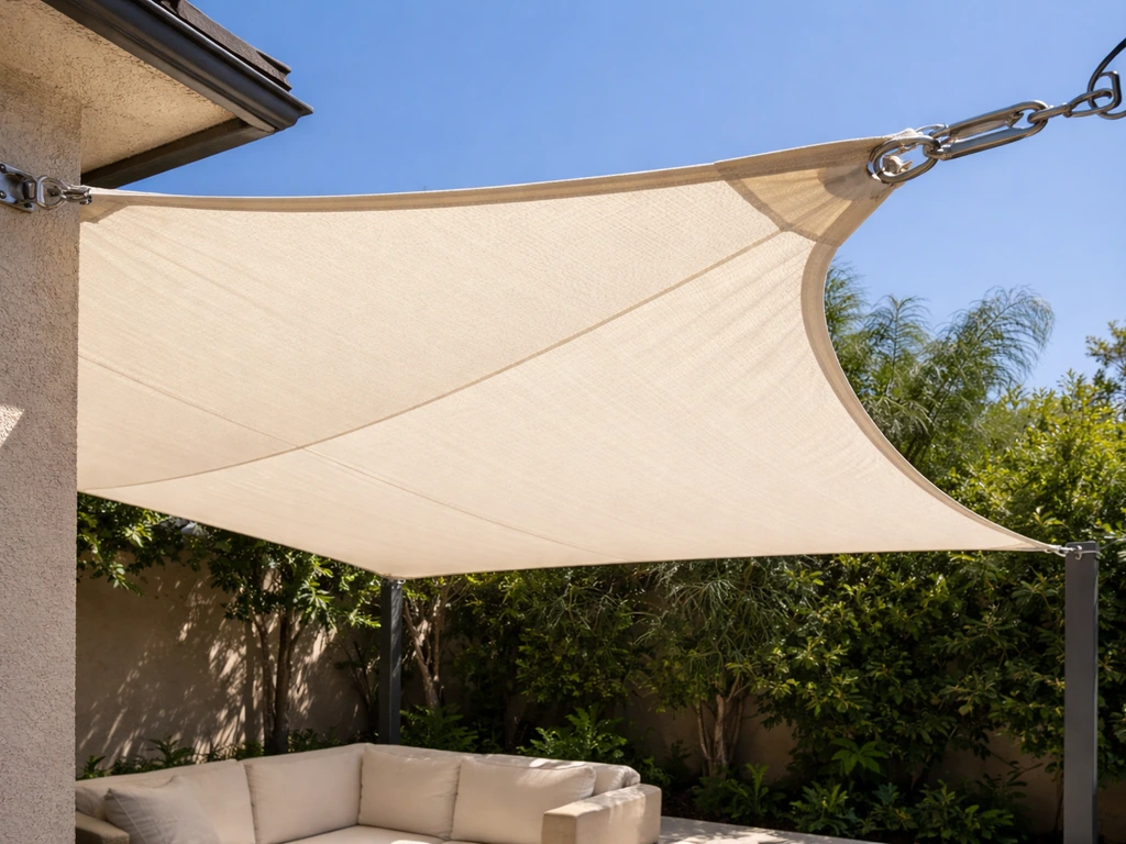 Taut shade sail with visible tensioning hardware anchored to wall and post over patio seating