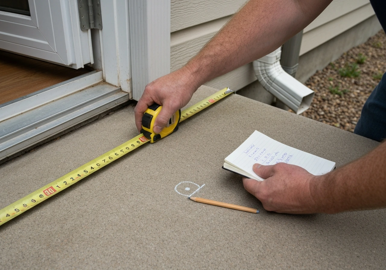 Person measuring patio layout with tape measure while noting mounting clearances near a door and downspout.