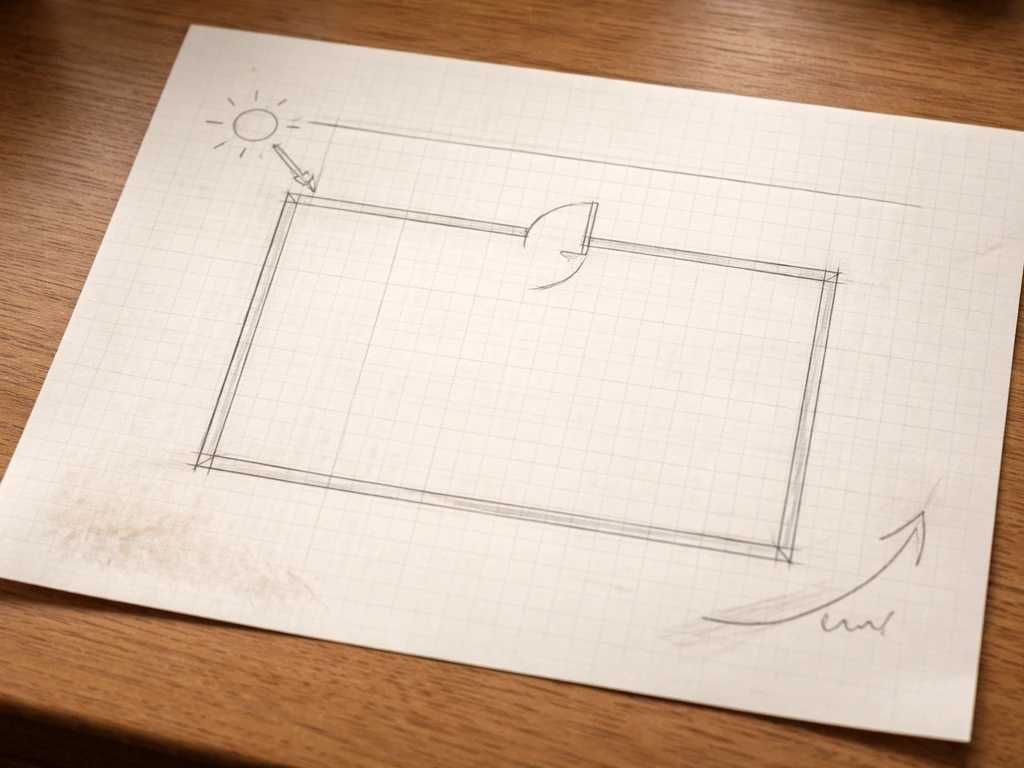 Top-down graph-paper style sketch of a patio enclosure layout with door swing and sun/wind arrows.