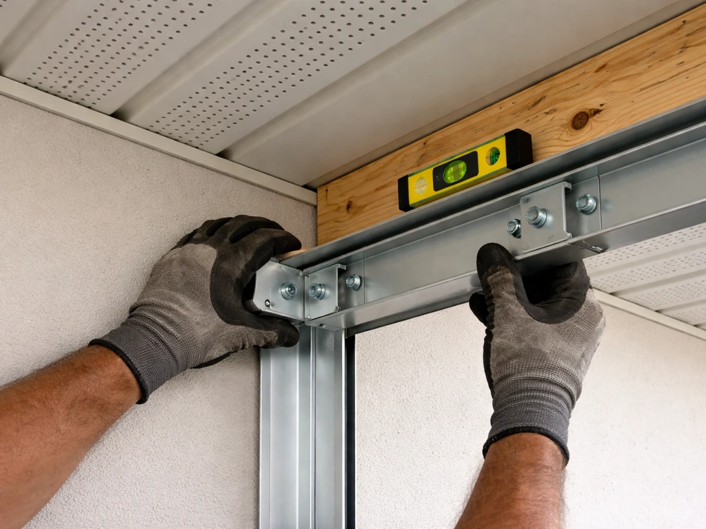 Hands holding a top plate against a house soffit while mounting patio screen framing hardware with a level.