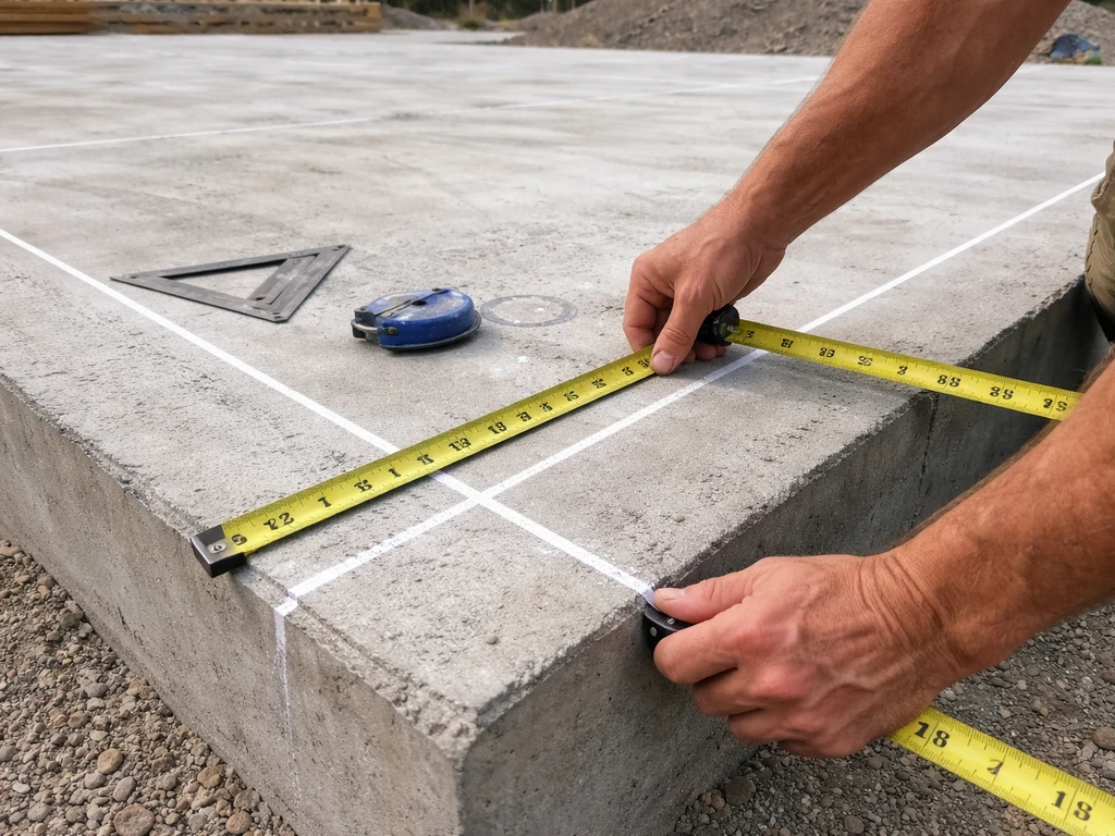 Chalk lines snapped on a concrete slab while a worker checks a corner with a 3-4-5 triangle tape measure