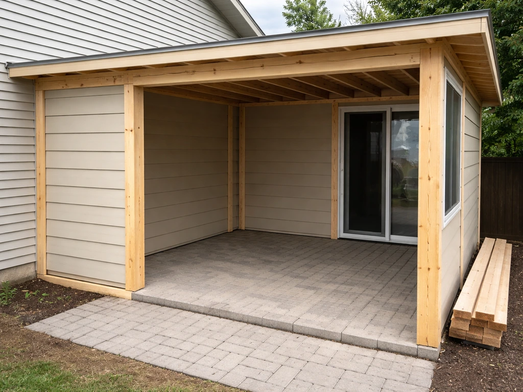 Backyard patio enclosed by new wood-framed walls and cladding, showcasing a neat DIY upgrade.