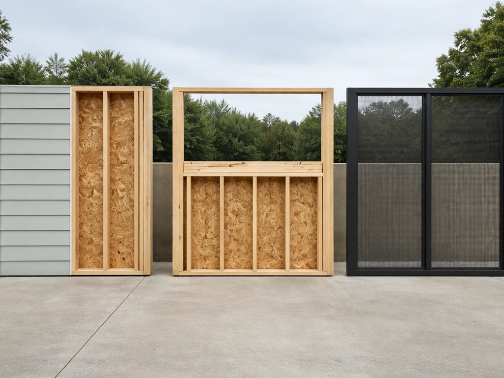 Three realistic wall construction concepts shown side-by-side in a minimal, photo-like setup.