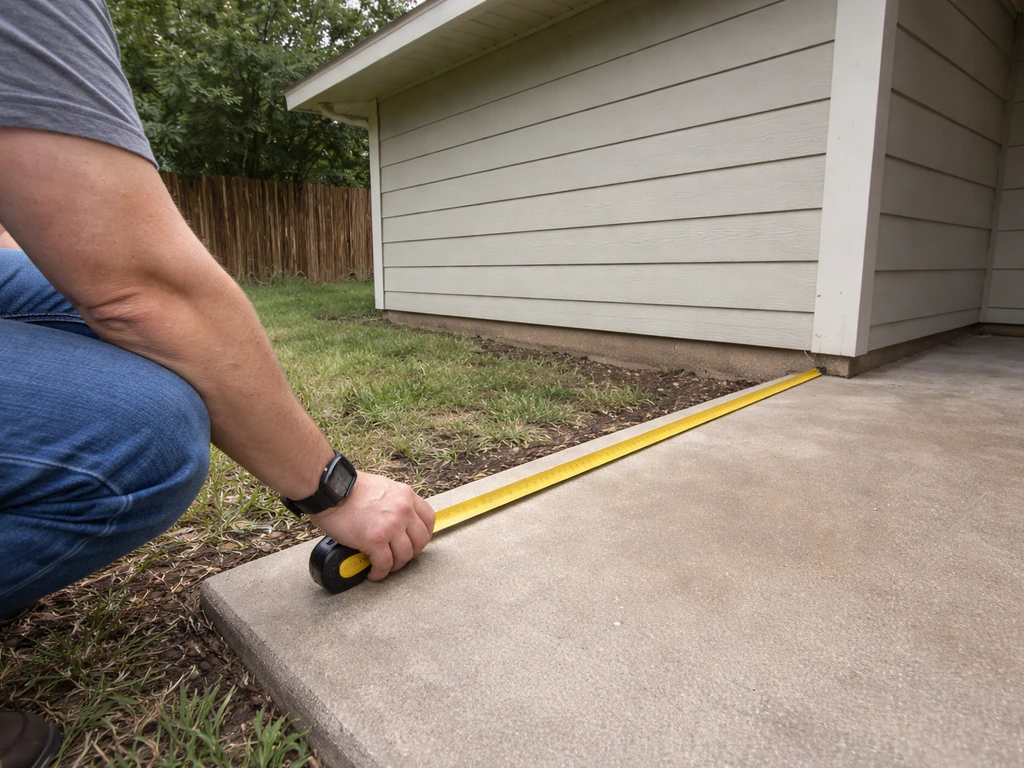 Person measuring a patio perimeter with a tape measure while checking a roof overhang attachment point
