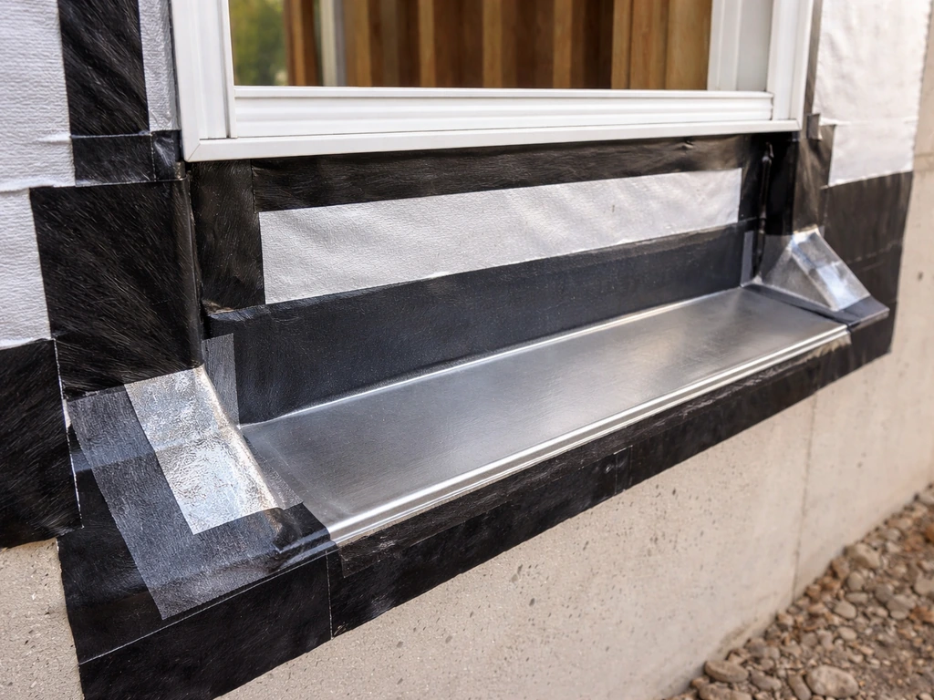 Close-up of sloped sill pan flashing and integrated tape under a window rough opening
