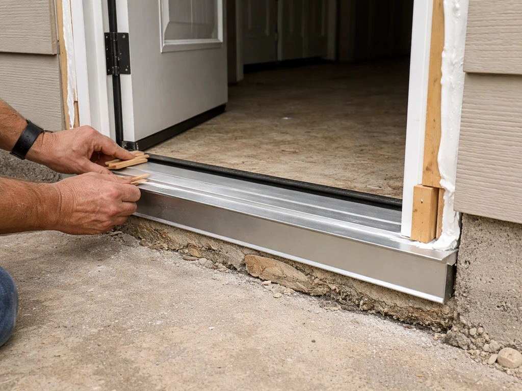 Contractor installing an exterior door unit with sill pan flashing on a patio wall, shims aligned