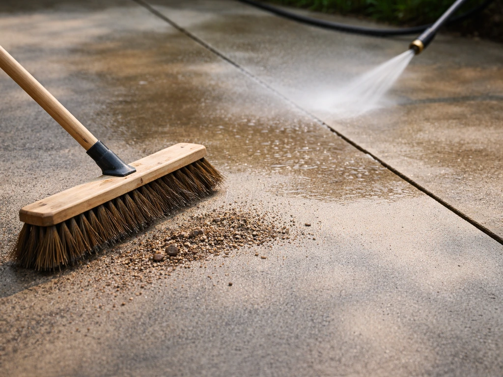 Close-up of a concrete patio being swept clean, with water rinsing and drying marks
