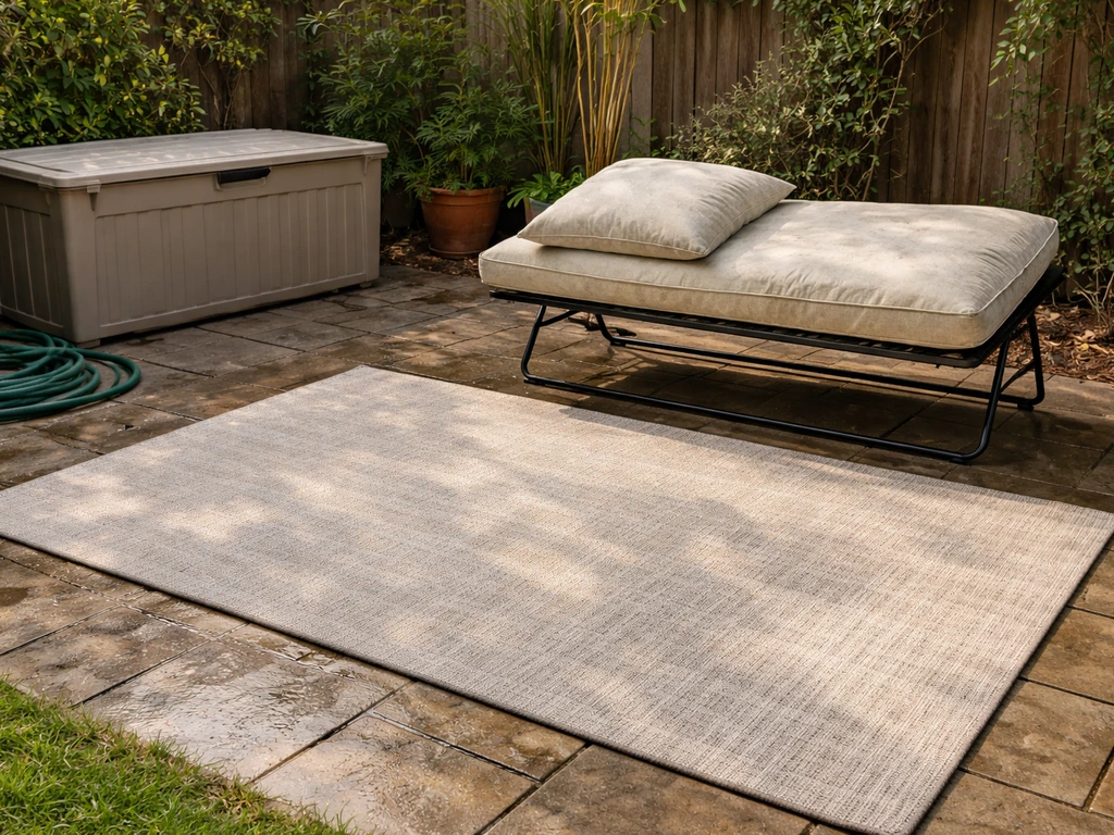 Outdoor cushions and a rug laid out to dry, with clean cushions stored in a dry plastic bin nearby