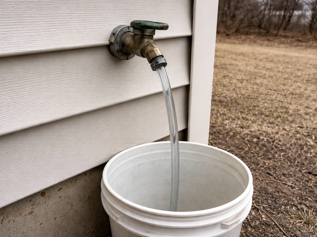 Outdoor hose bib/spigot with a hose draining into a bucket for winterization.