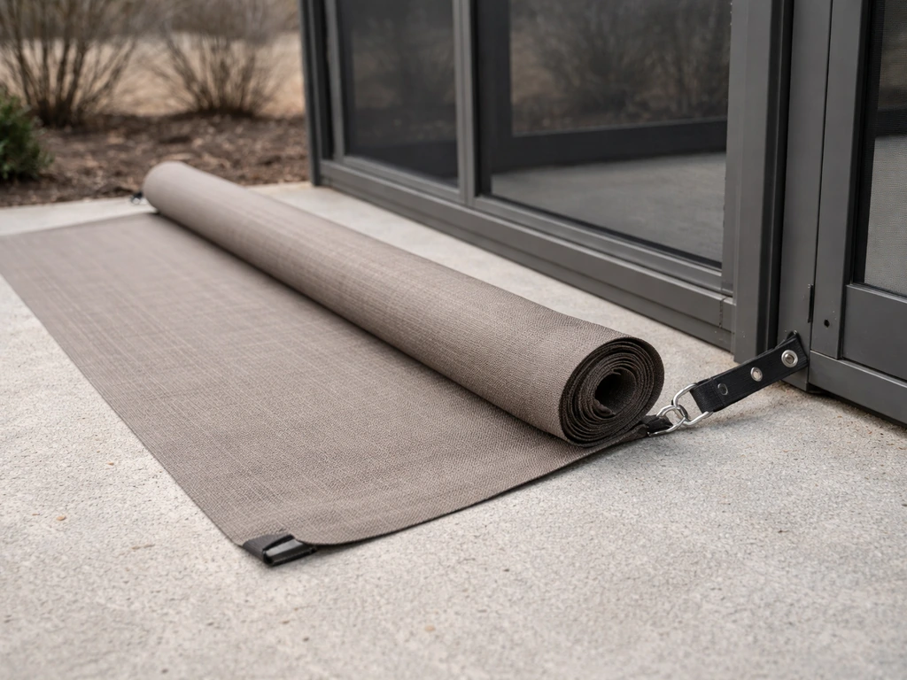 Rolled outdoor shade fabric and tightened screen enclosure hardware on a patio, pre-winter setup.