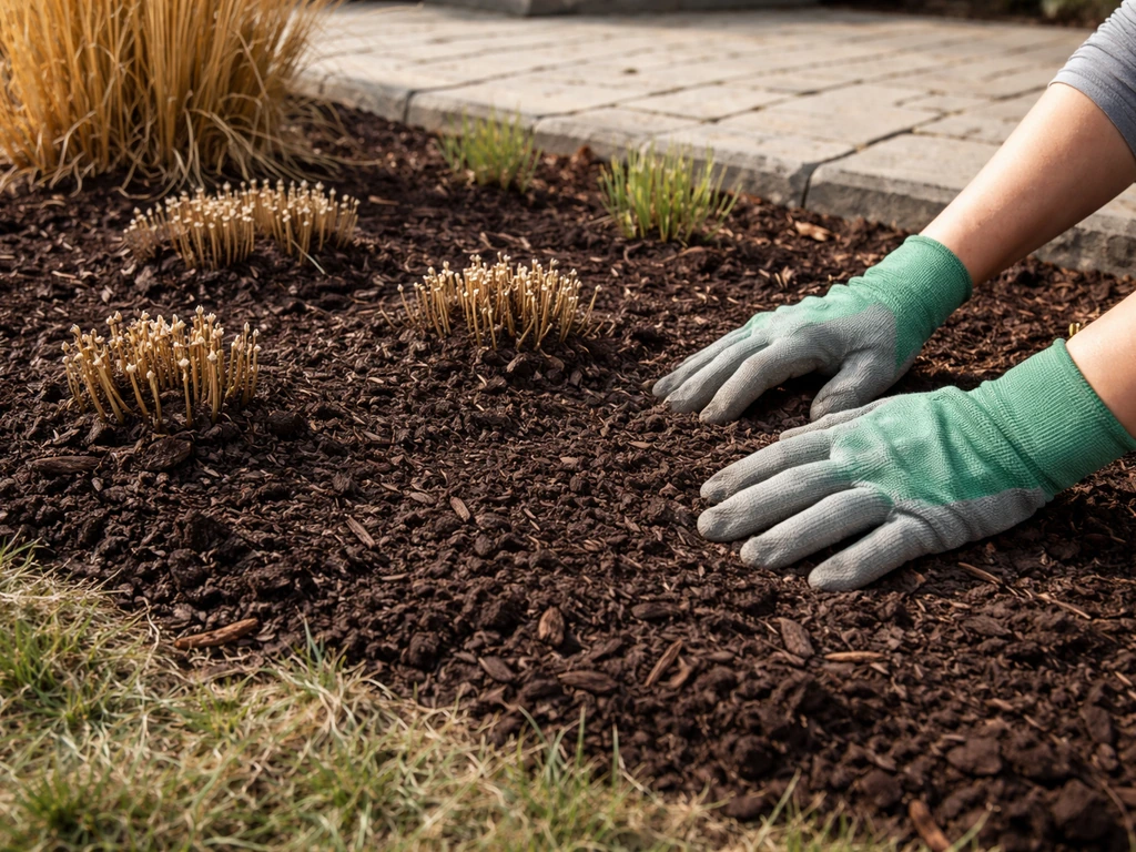 Person wearing gloves inspects spring patio planting bed with fresh mulch and trimmed perennials
