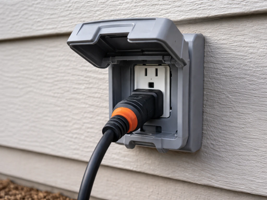 Outdoor GFCI outlet with an outdoor-rated plug and weatherproof connection for patio lighting power.