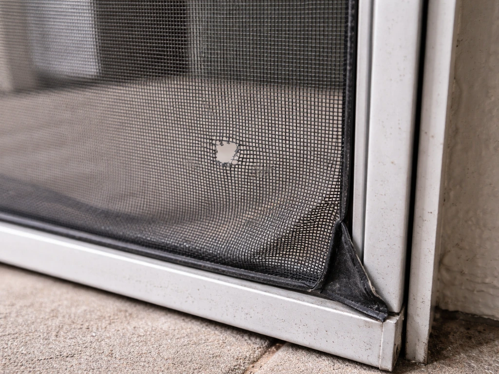 Close-up of a patio screen perimeter showing torn mesh, a loose spline corner, and a sagging section.