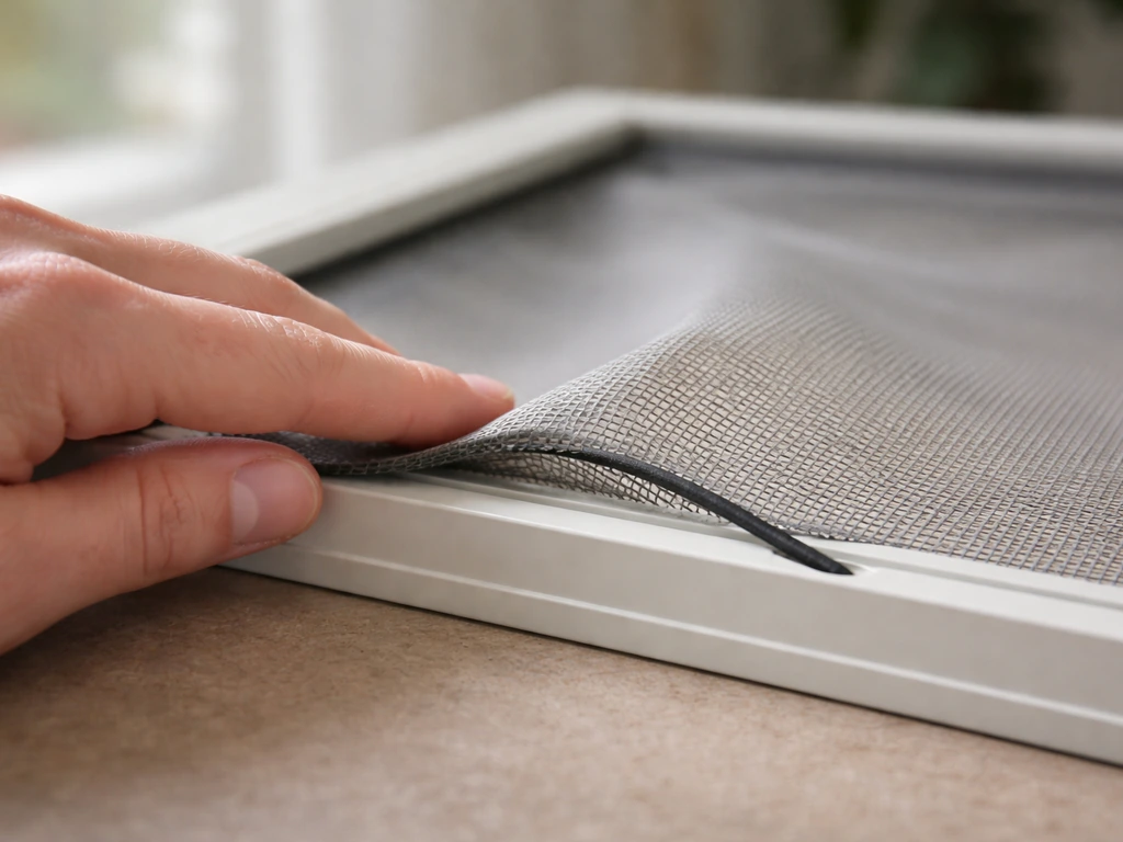 Close-up of a TV screen corner being gently pressed back into a frame, showing spline pull-out.