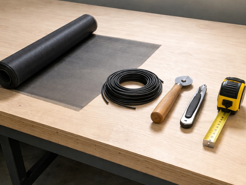 Screen repair tools laid out on a workbench: mesh, spline, roller tool, utility knife, and measuring tape.