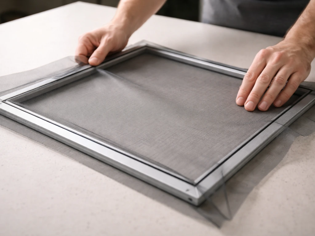 Hands laying a new mesh screen panel over a frame with visible overhang before trimming