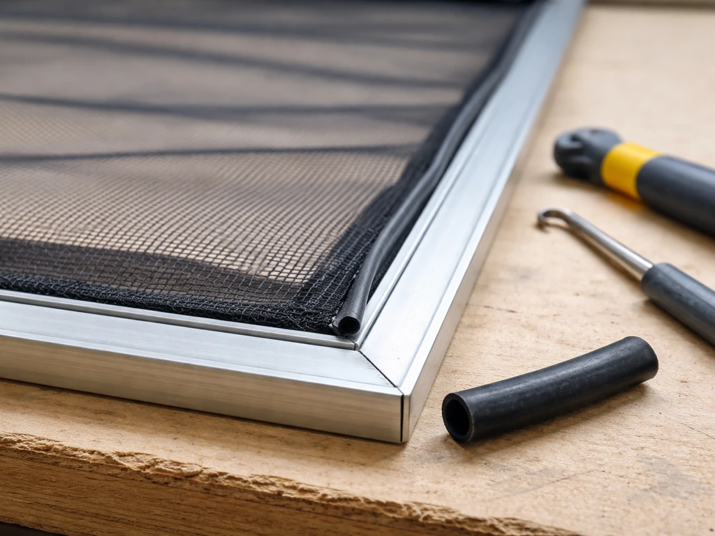 Window screen frame on a workbench showing a mismatched spline thickness beside the groove.