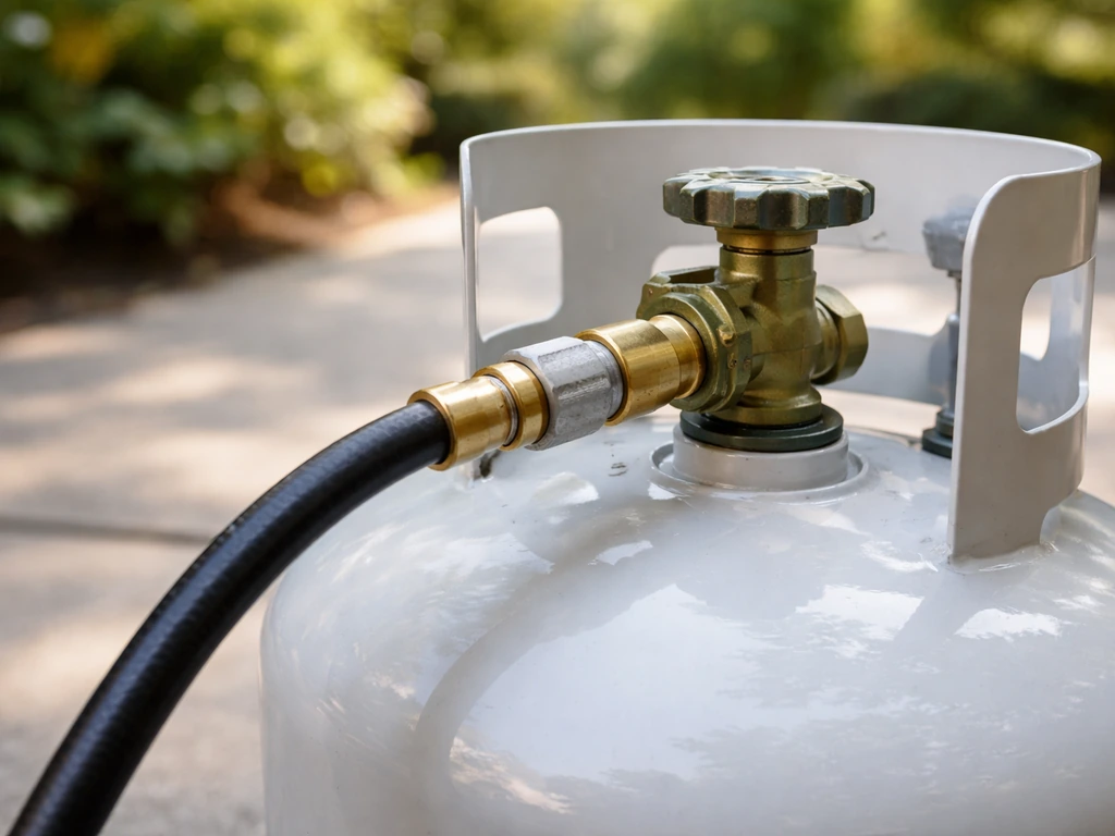 Close-up of a patio propane tank valve and hose connection during a safety check, no disconnection.