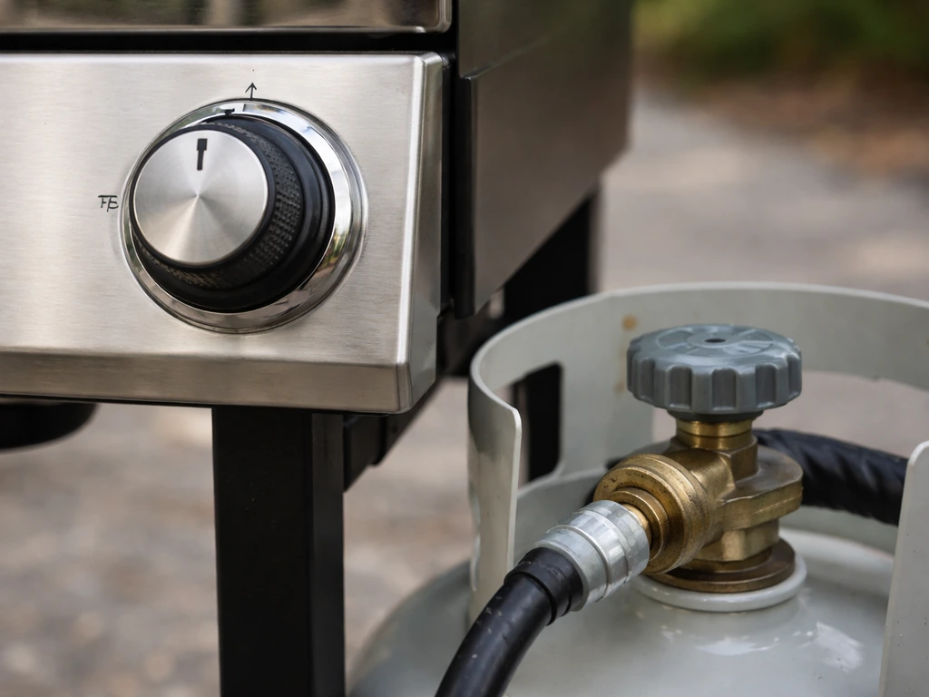 Close-up of a grill control knob turned off and a gas tank valve closed, showing appliance shutdown.