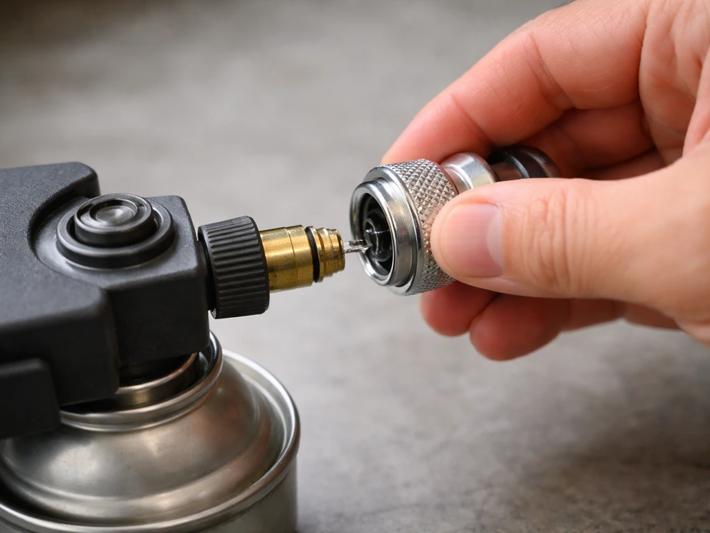 Hands pressing the locking collar and pulling apart a quick-connect butane regulator fitting.