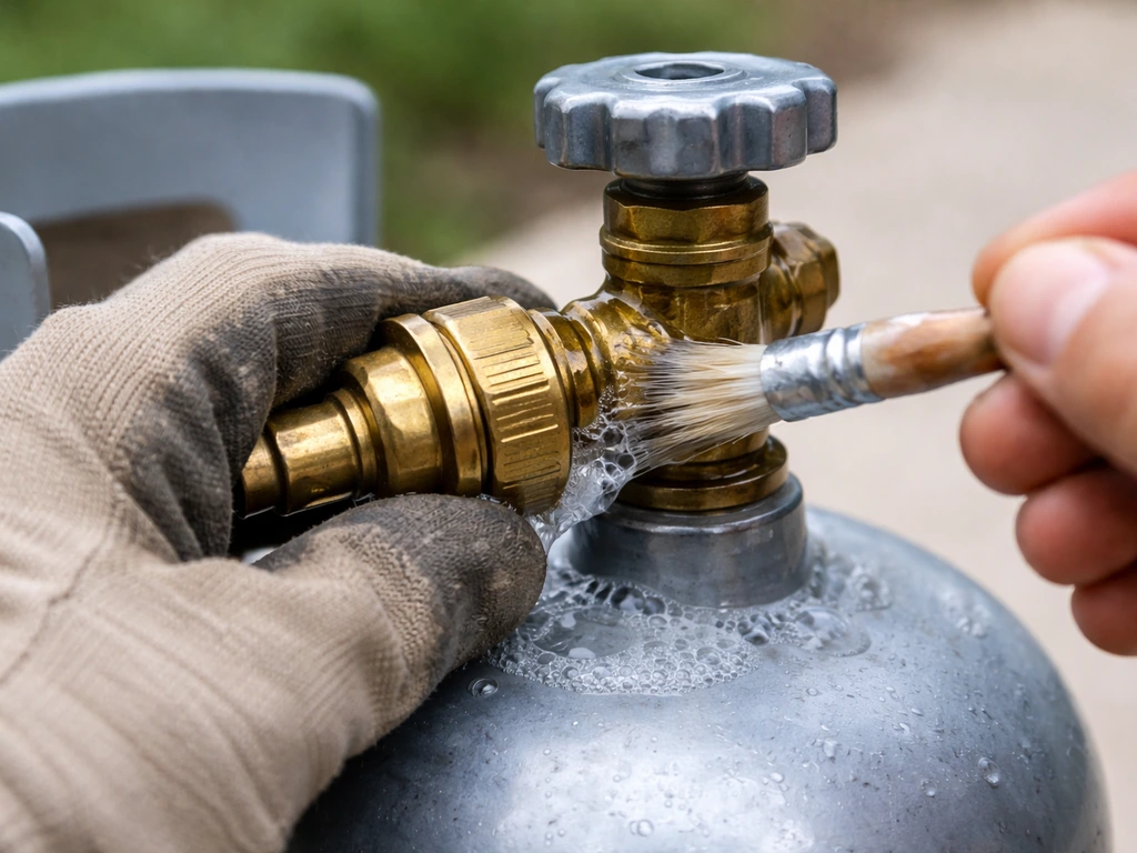 Soapy leak solution brushed around a regulator coupling on a gas tank with bubbles checked.