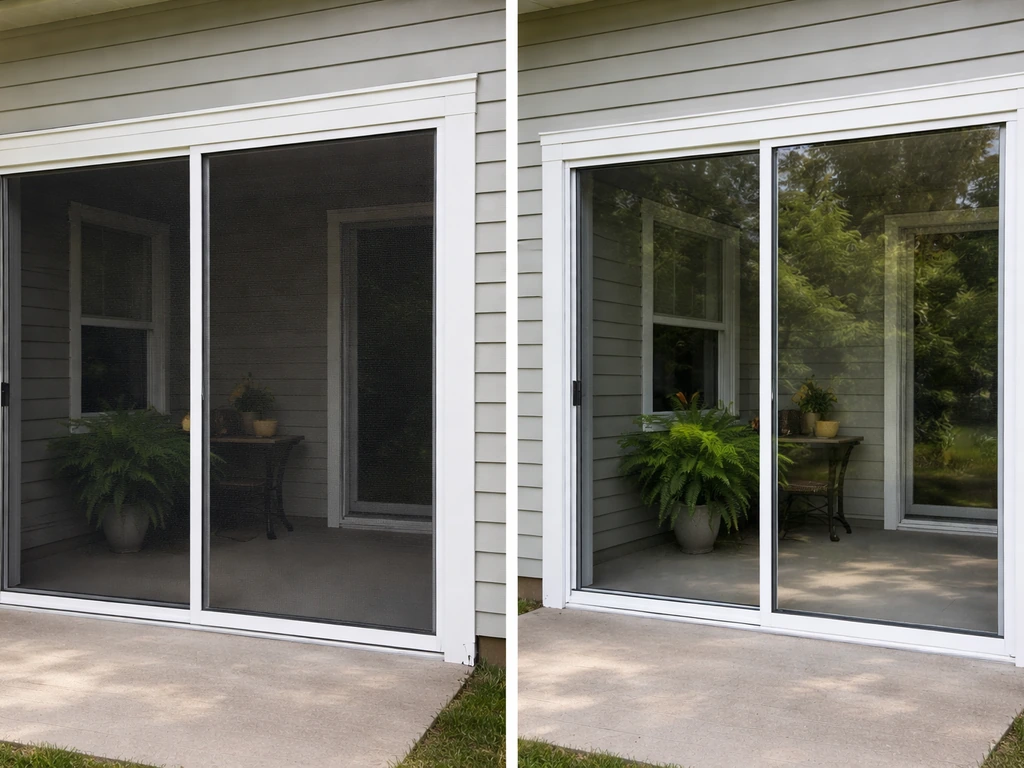 Minimal side-by-side view of a screened enclosure versus a clear polycarbonate/glazed enclosure.