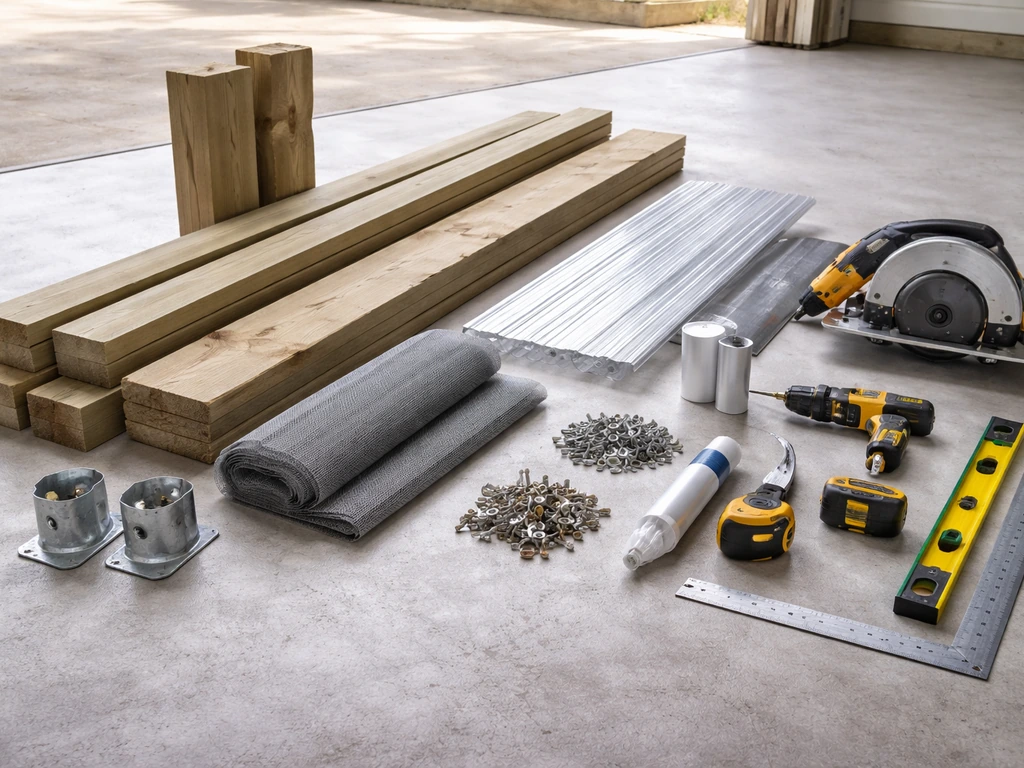 Outdoor building materials and tools neatly laid out on a garage floor for a screen room or polycarbonate enclosure.