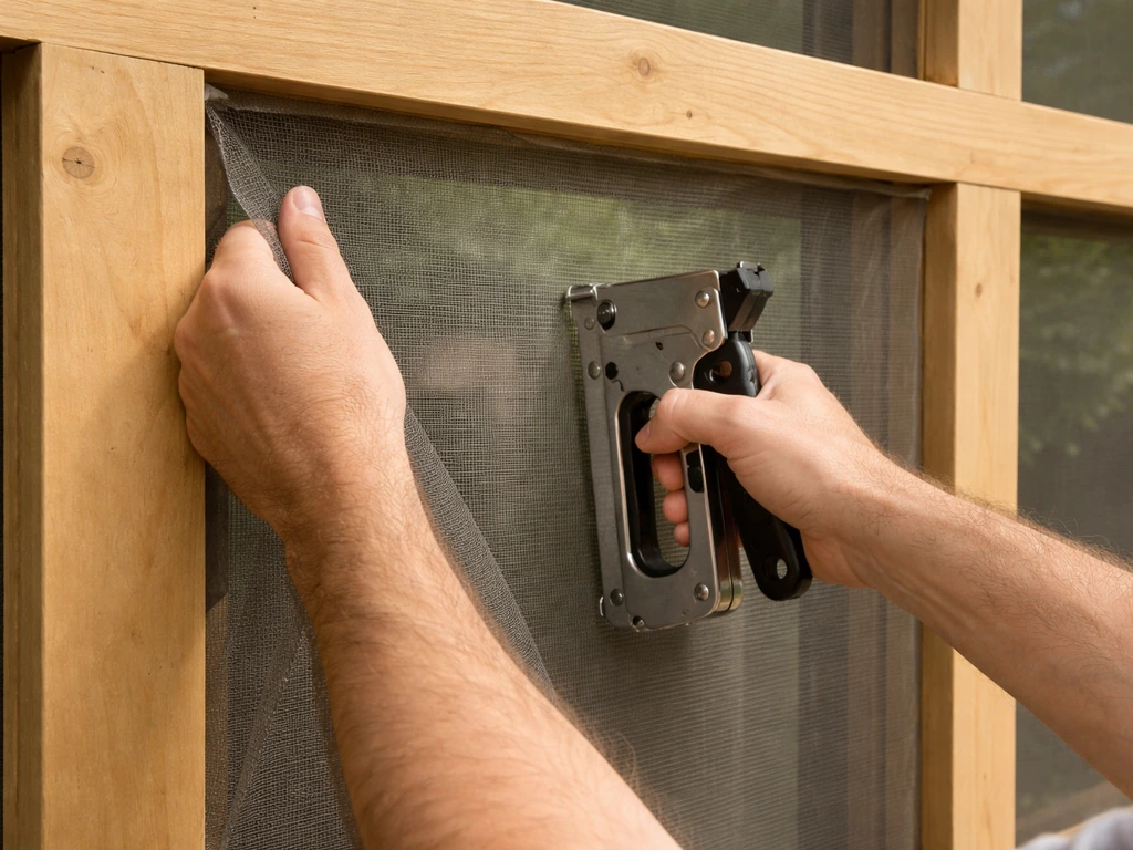 Hands stretch and fasten screen mesh into a framed wall bay of a screen room under daylight.
