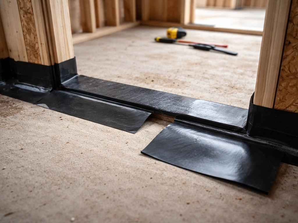 Flashing installed at the sill of a framed wall opening, showing layered weatherproofing before glazing fitment.