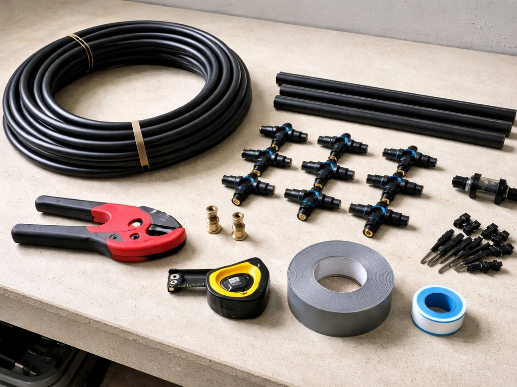 Irrigation misting tools laid out on a workbench: 1/2-inch tubing, nozzle tees, nozzles, filter, and tape