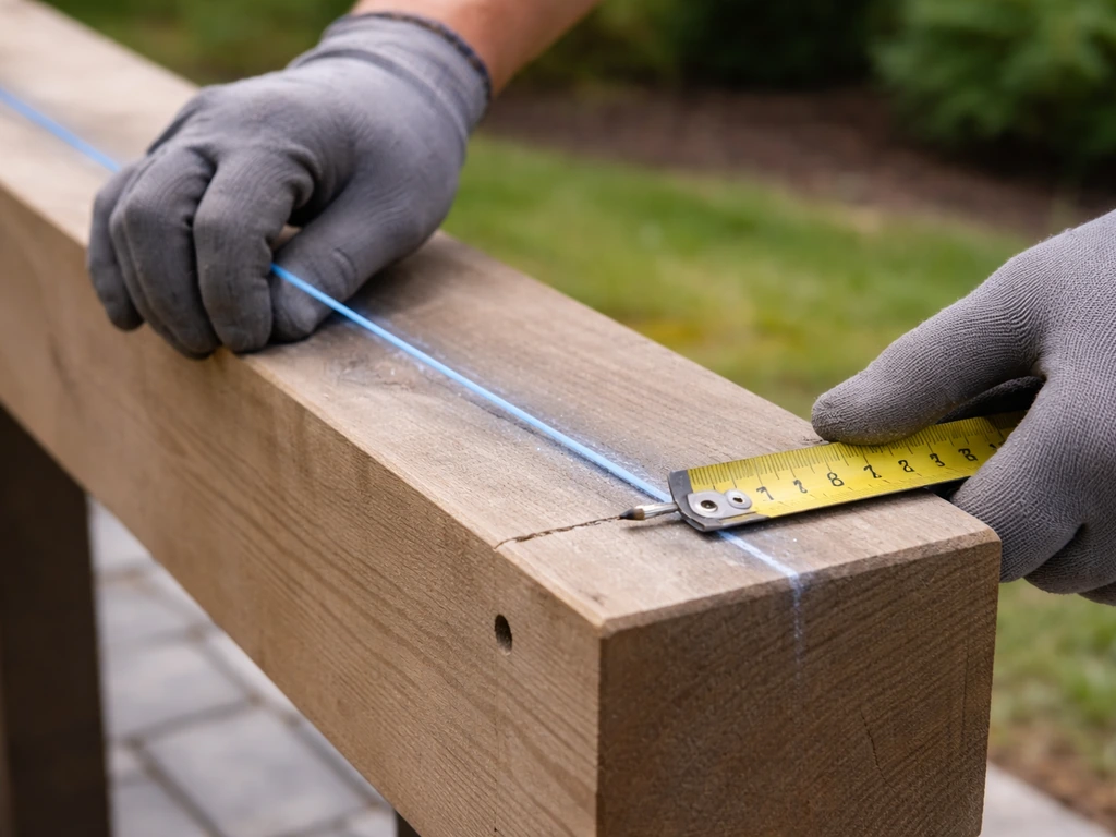 Gloved hands using a chalk line and tape measure to mark mounting points on a patio beam.
