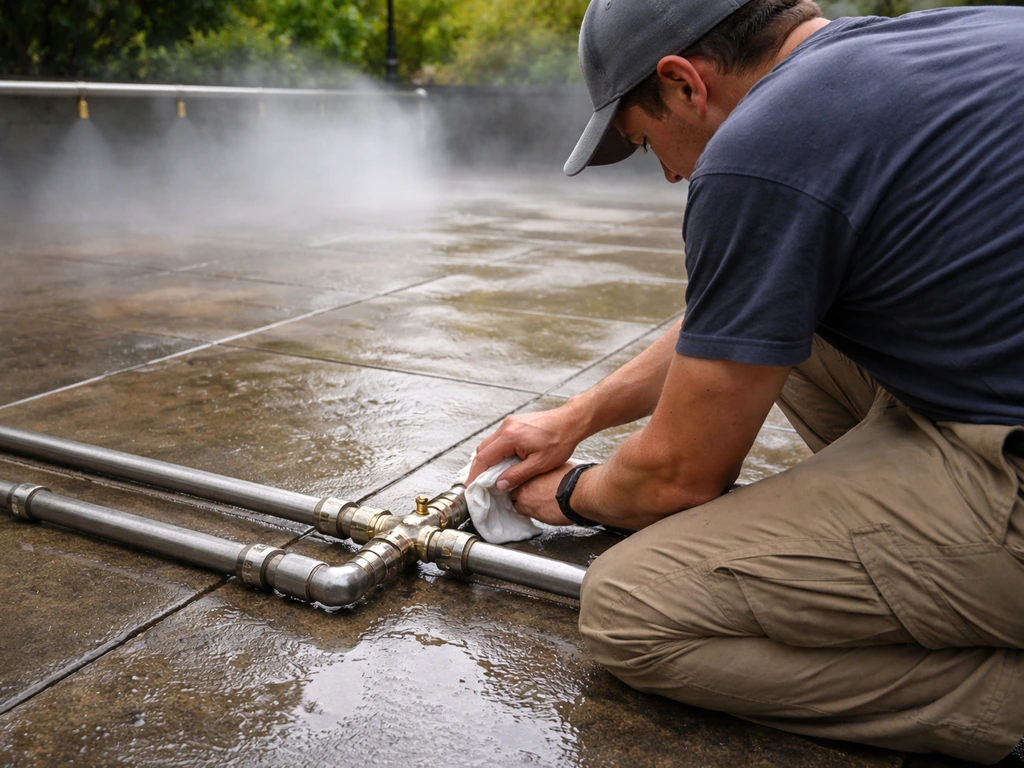 Outdoor mist system running as an inspector checks tee fittings for drips and spray reach.