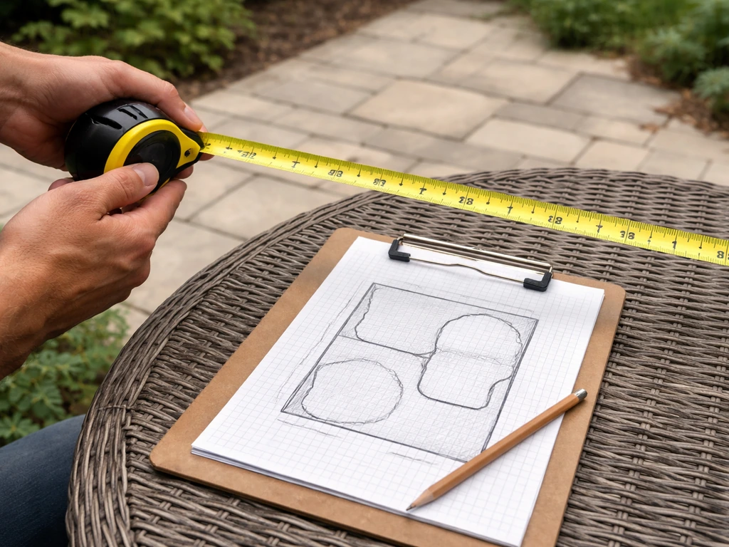 Hands measure a patio with a tape measure over a graph-paper sketch showing dining and lounge zones.