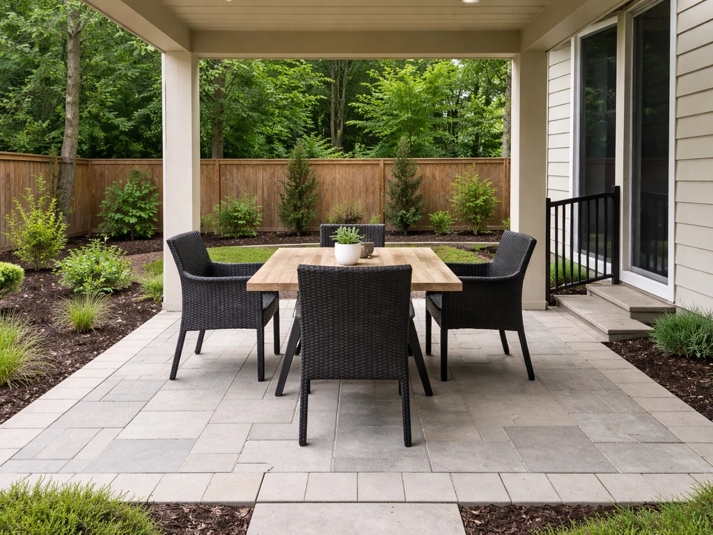 Wide view of a backyard patio dining setup with clear walking space around the table and chairs.