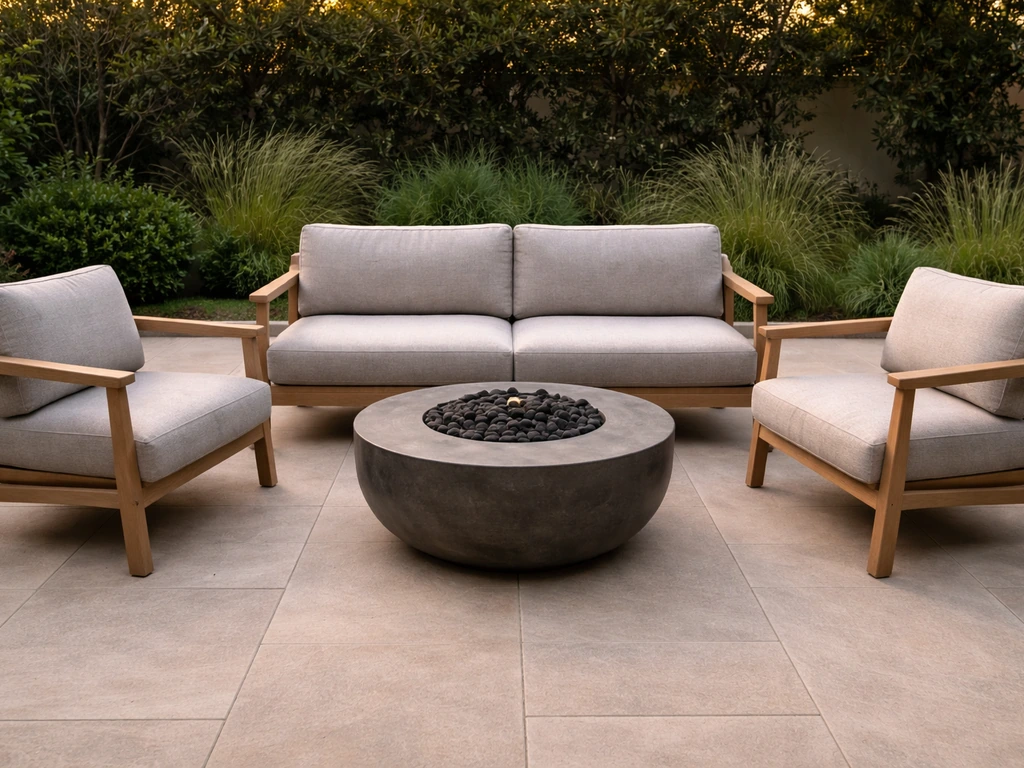Outdoor patio lounge with a sofa, two chairs, and a centered coffee table in inviting spacing.