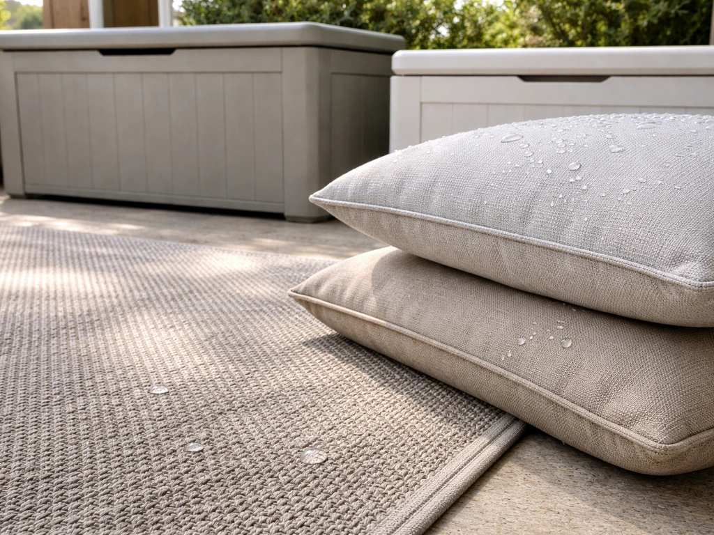 Close-up of a weatherproof outdoor rug, solution-dyed cushions, and water-resistant storage bins.