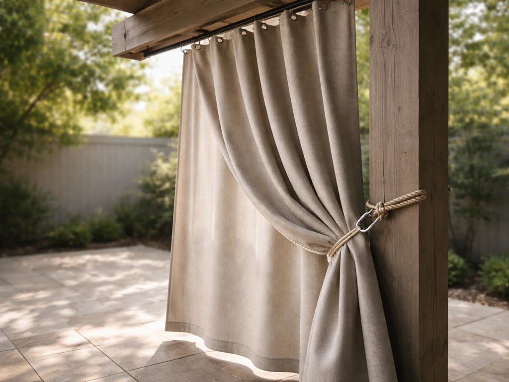 Synthetic outdoor curtain privacy panel being installed on a patio rod and ropes to block glare.