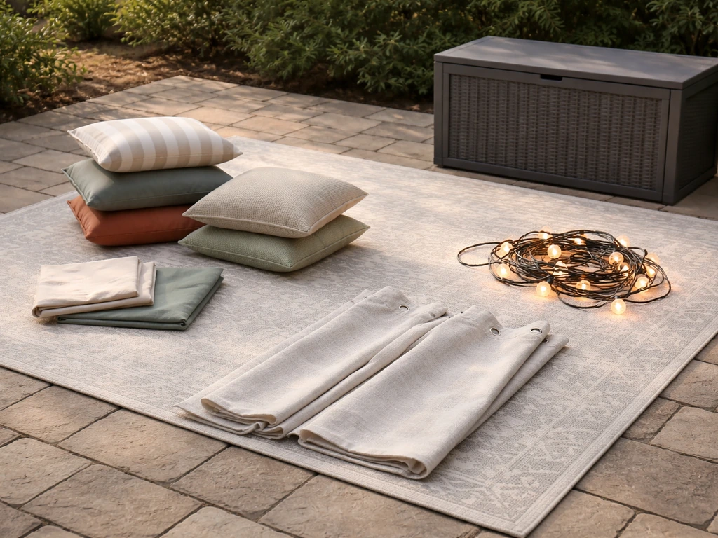 Outdoor patio starter kit items laid out on a back patio, including rug, cushions, curtain panels, string lights.