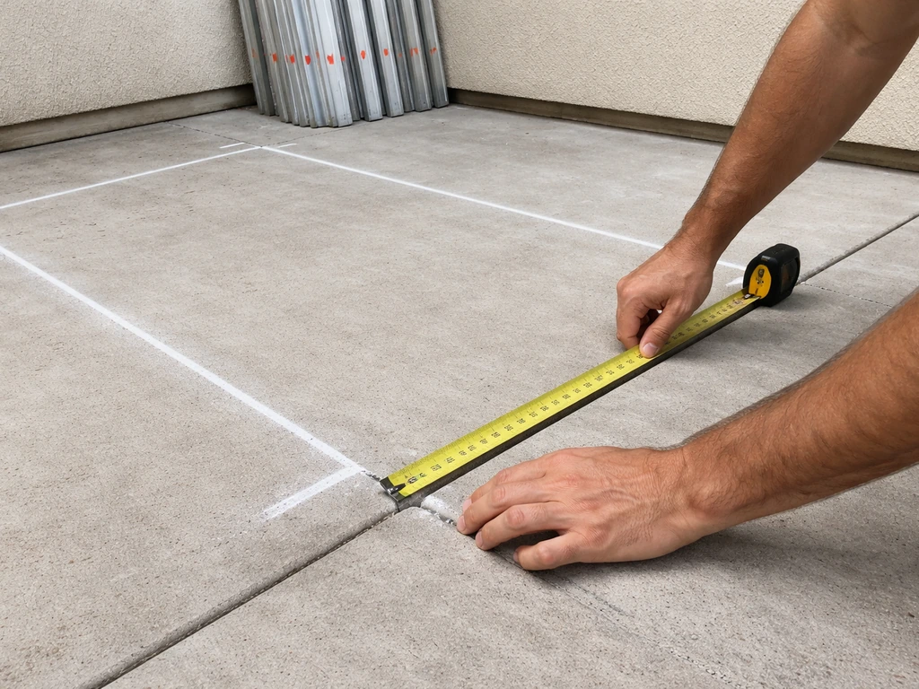 Chalk perimeter lines on a patio slab with a tape measure and stacked wall panels for screen layout