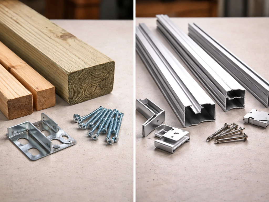 Side-by-side close-up of wood framing pieces and aluminum screen track/frame components on a workbench.