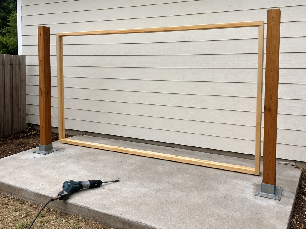 Concrete slab with plumb posts and partially framed screen panels between posts, hardware visible.