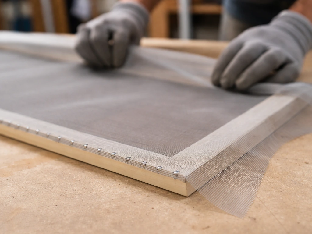 Close-up of screen fabric stretched taut on a frame with staples along one edge and slight overhang