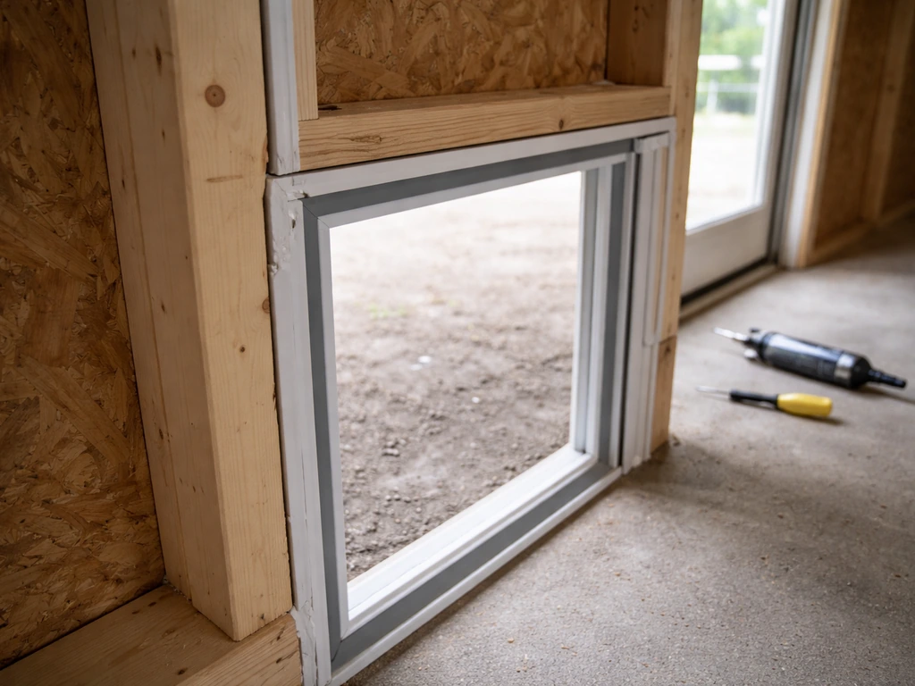 Close-up of a screen door rough opening with weatherstripping and caulked joints around the perimeter.