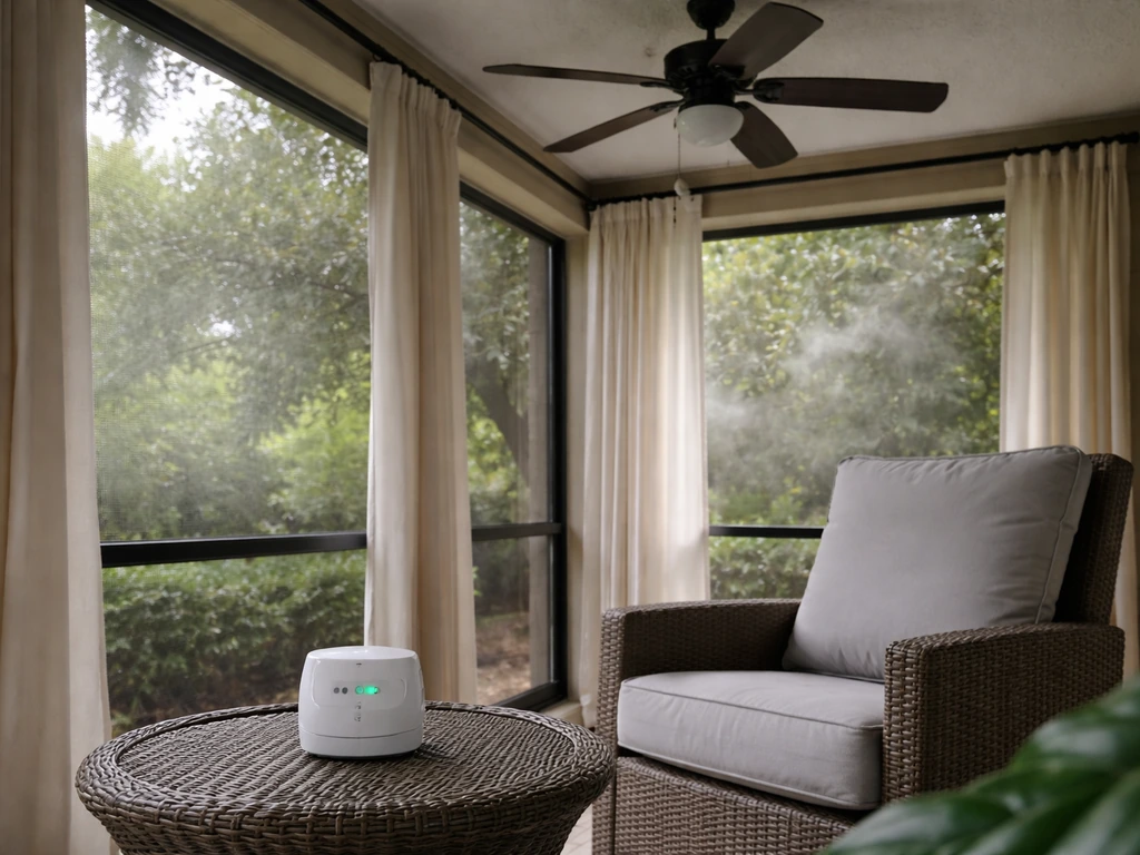 Cozy screened patio with ceiling fan running and a small temperature/humidity device nearby