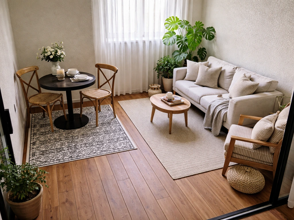Enclosed patio with two zones: dining area and lounge area separated by furniture placement and rugs.