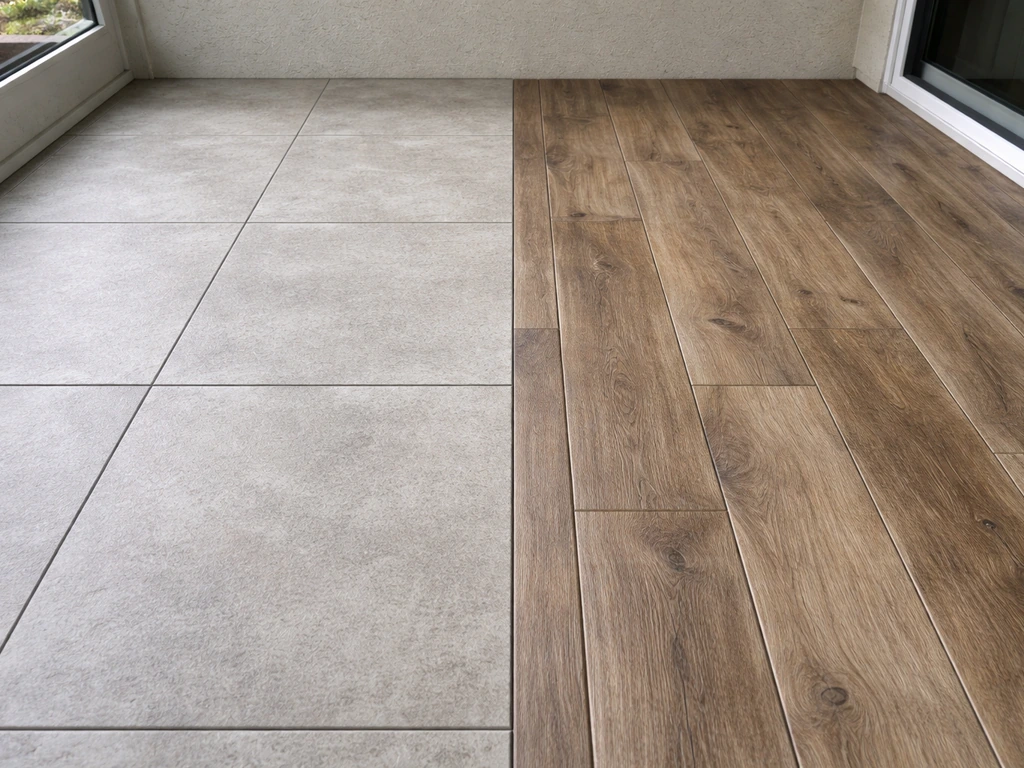 Outdoor porcelain tile and outdoor-rated LVP on an enclosed patio slab, shown as close-up flooring surfaces.