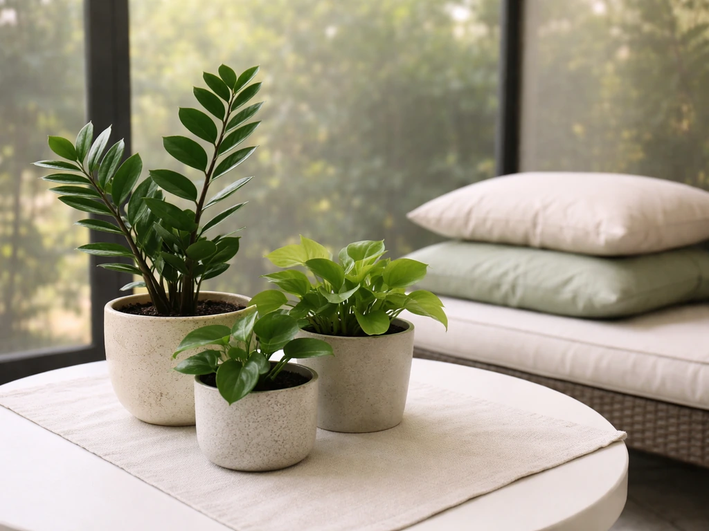 ZZ plant and other leafy potted plants on a patio table with stacked outdoor pillows in soft shade.