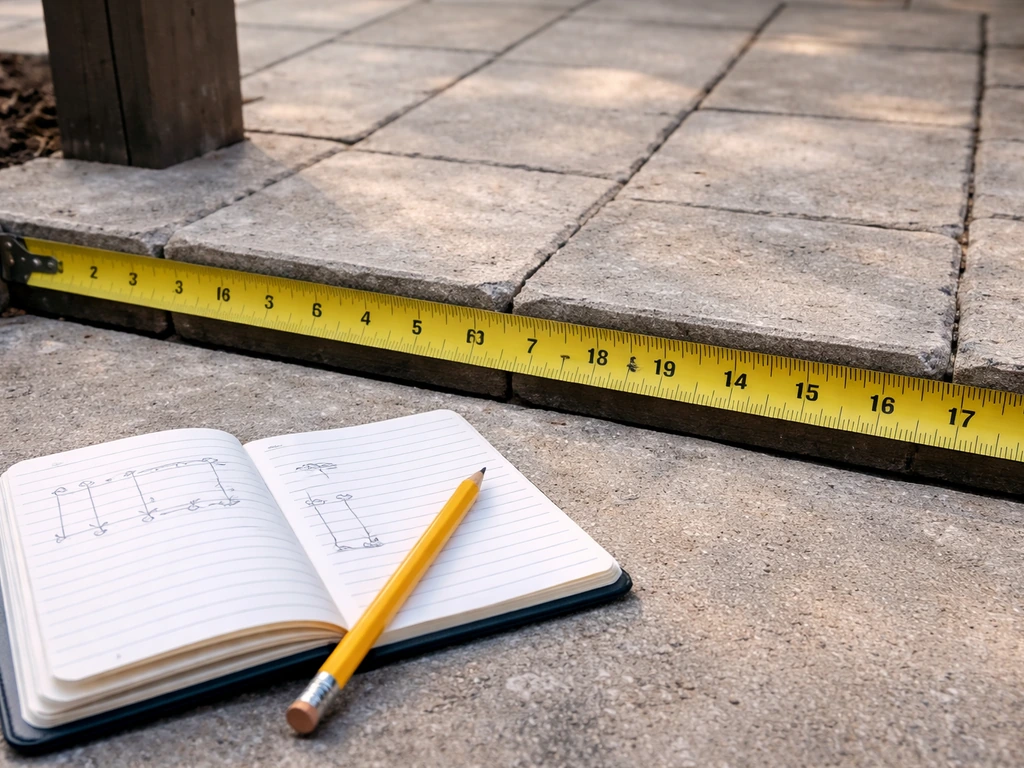Measuring tape across a patio opening with a notebook of handwritten dimensions on the patio edge.