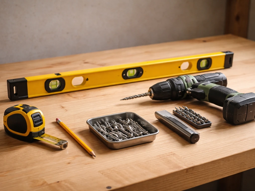 Construction tools laid on a wooden workbench: level, tape measure, pencil, drill with bits, utility knife, fasteners.